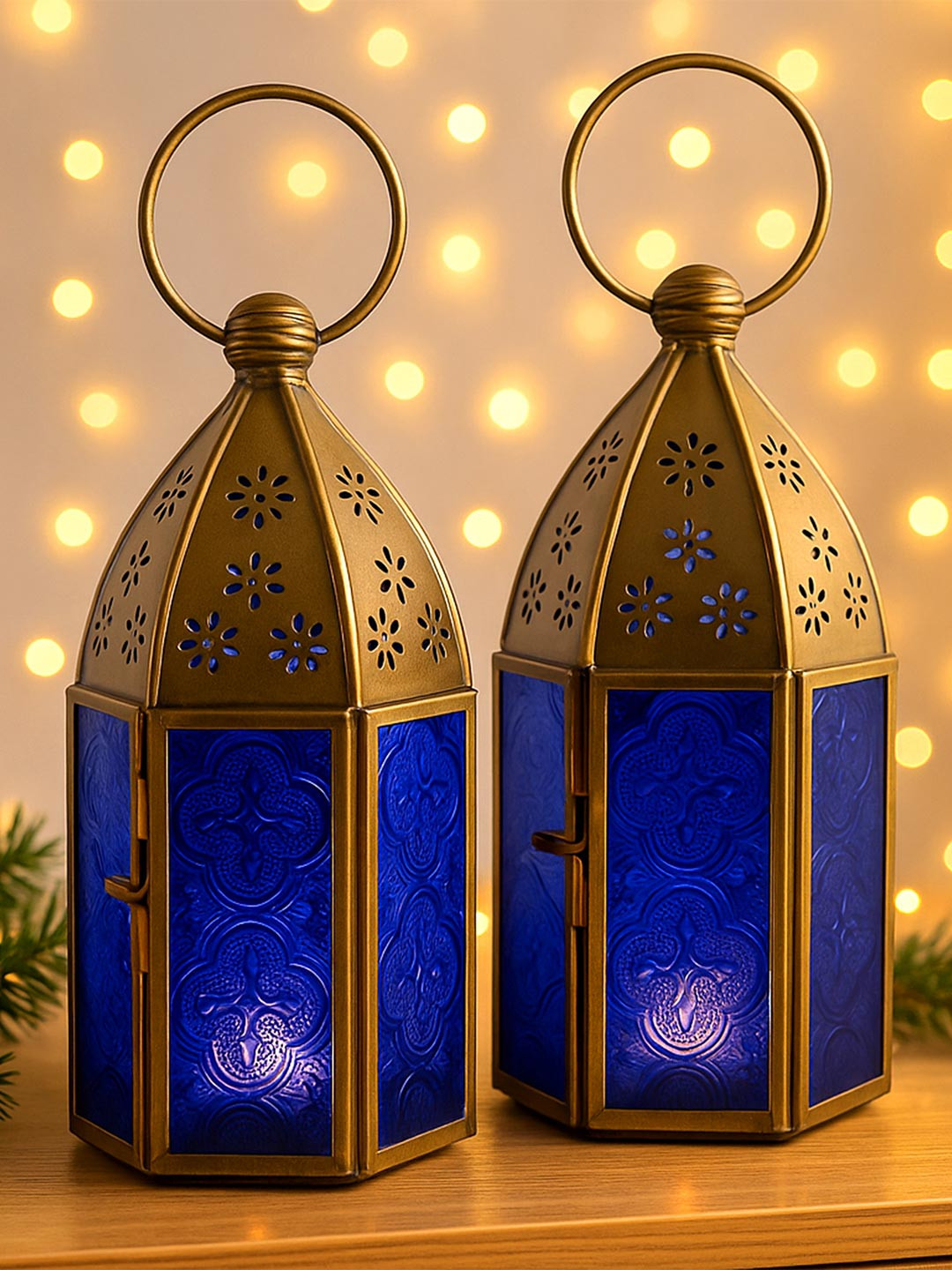 Homesake Set Of 2 Blue Antique Brass Moroccan Lantern Candle Holder