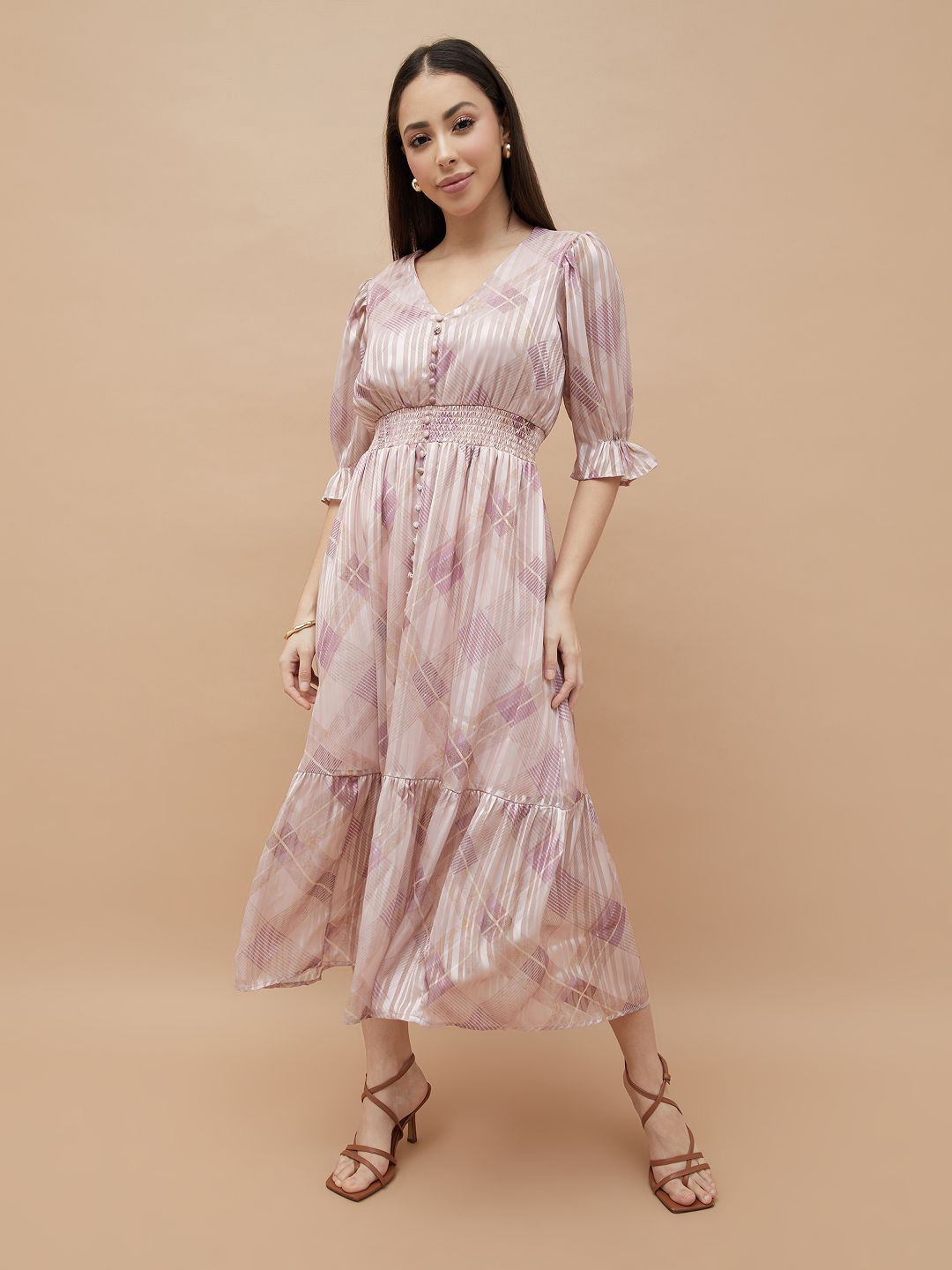 CODE by Lifestyle Checked Smocked Puff Sleeve Midi Dress