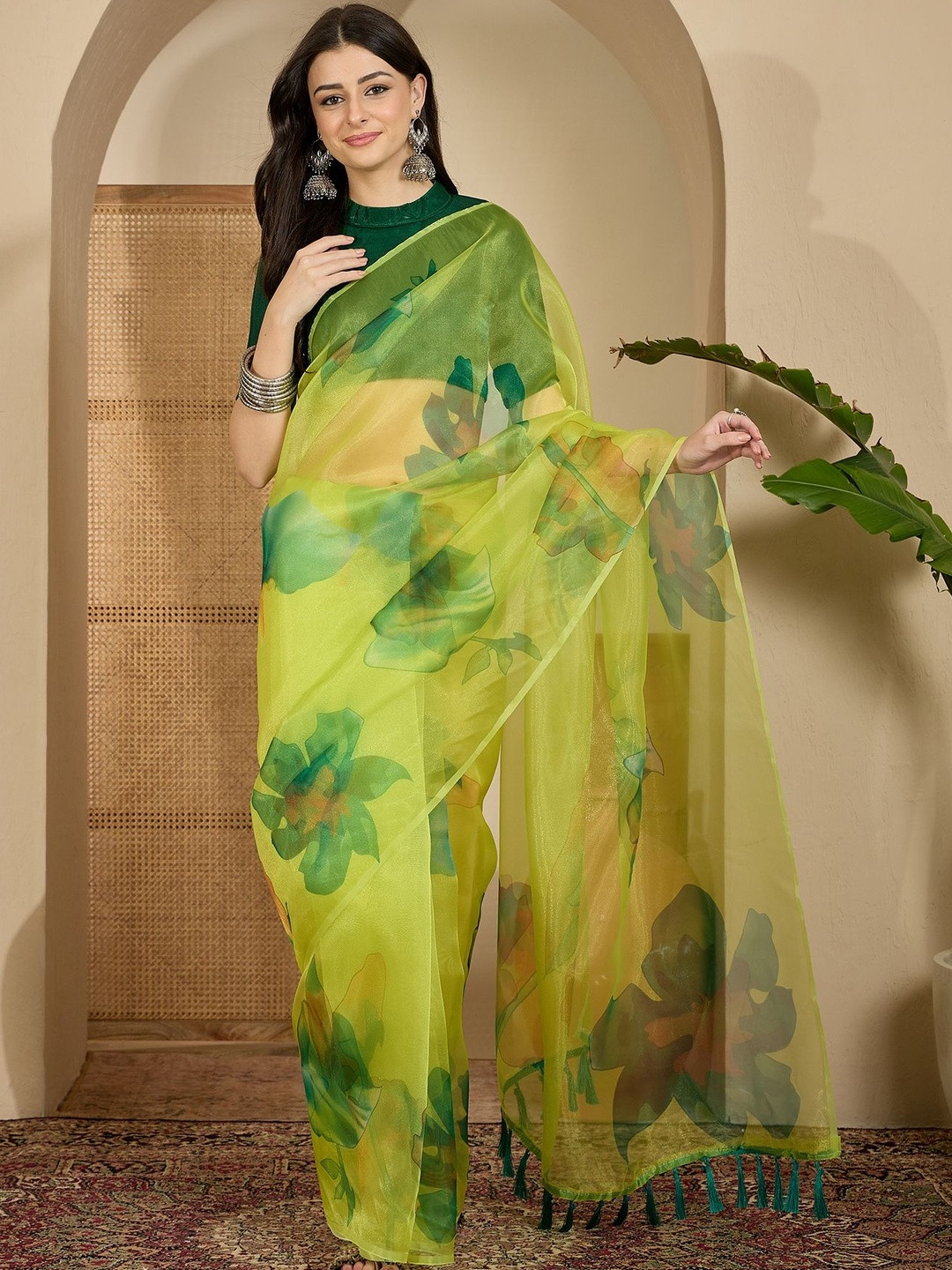 Sangria Floral Printed Tasselled Border Organza Saree With Blouse Piece