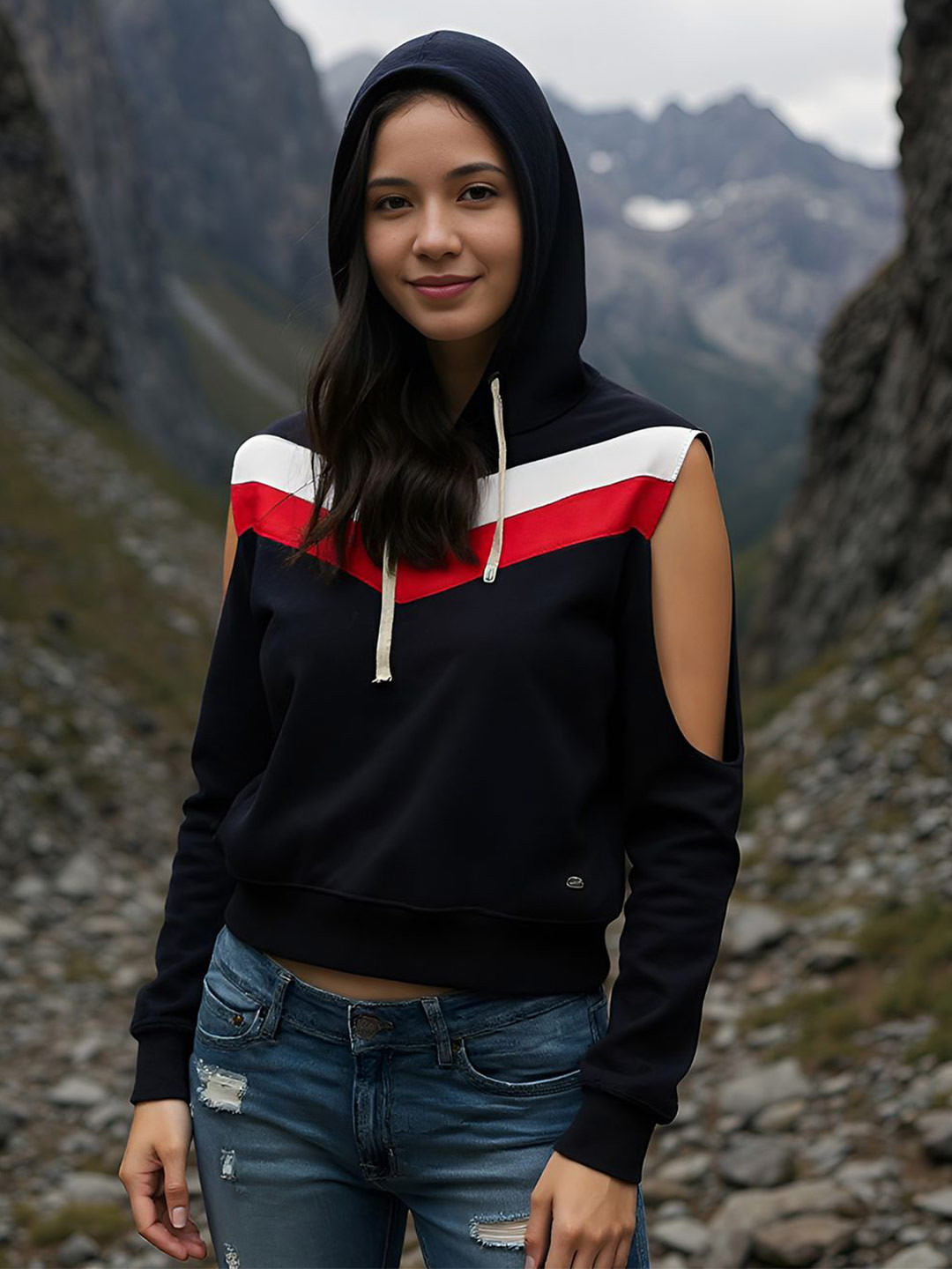 PINACOLADA Women Colourblocked  Cold-Shoulder Hooded Sweatshirt