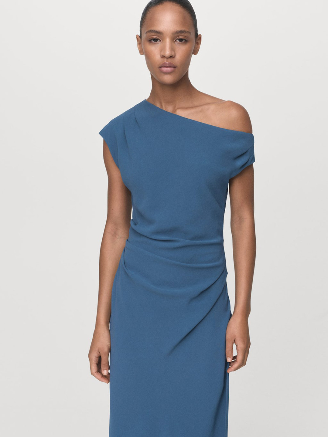 MANGO One Shoulder Ruched Side Slit A-Line Midi Dress