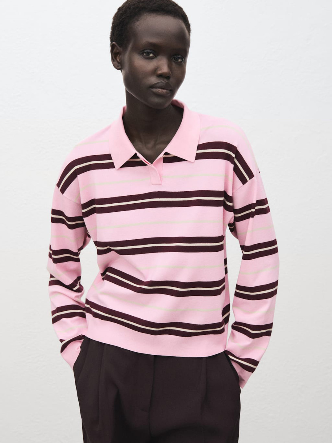 MANGO Striped Shirt Collar Pullover Sweater