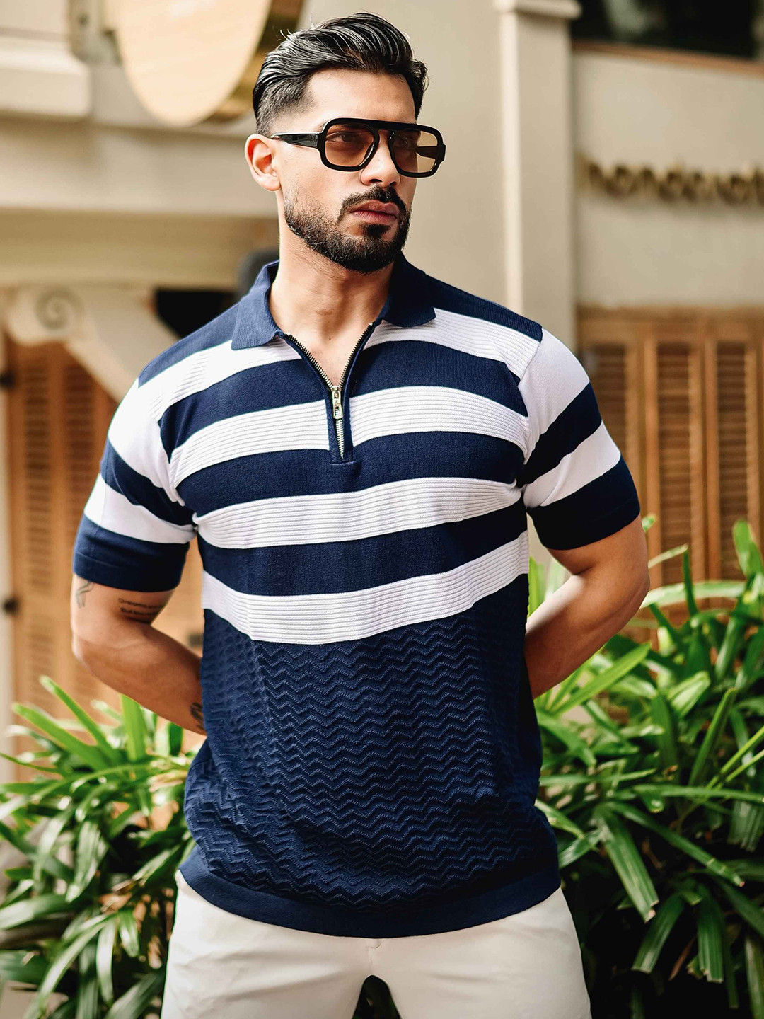 Foomer Men Striped Polo Collar Cotton T-shirt