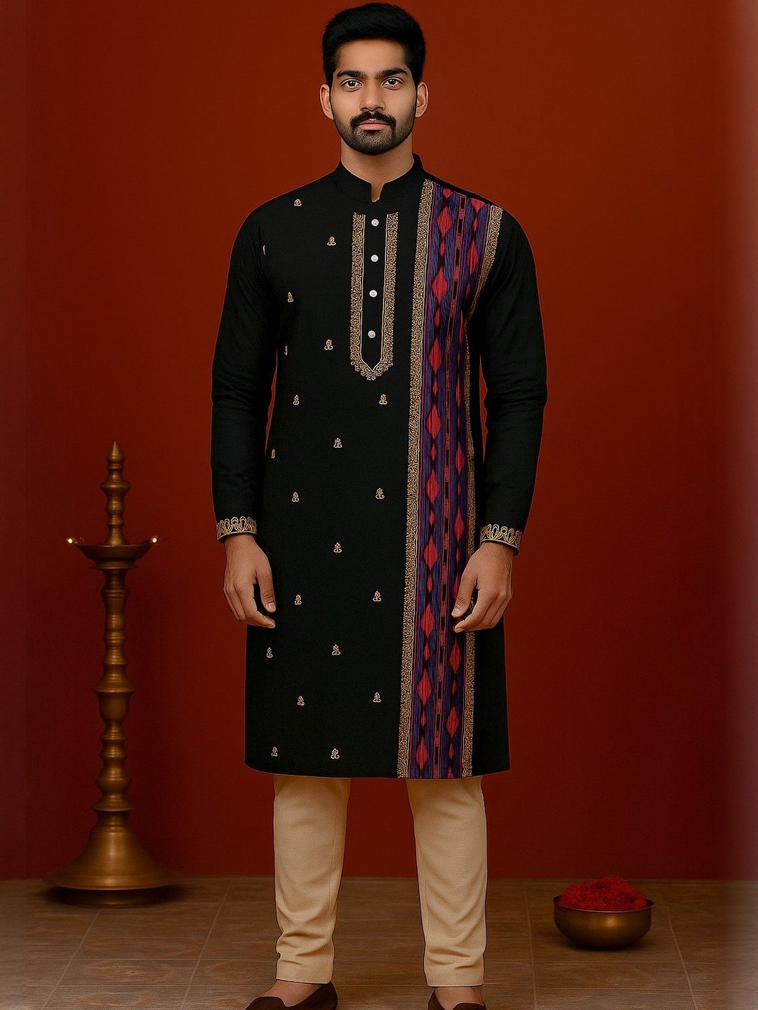NFC CREATION Men Textured Embroidered Kurta With Pyjamas