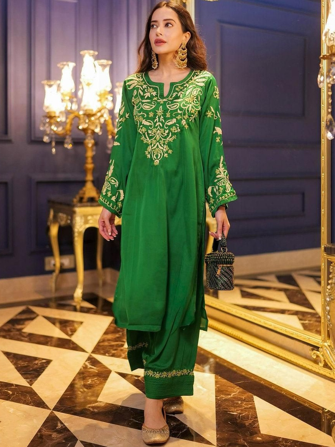 HOUSE OF KARI Green Komal X HOK Chikankari Satin Silk Kurta Set With Farsi Pants