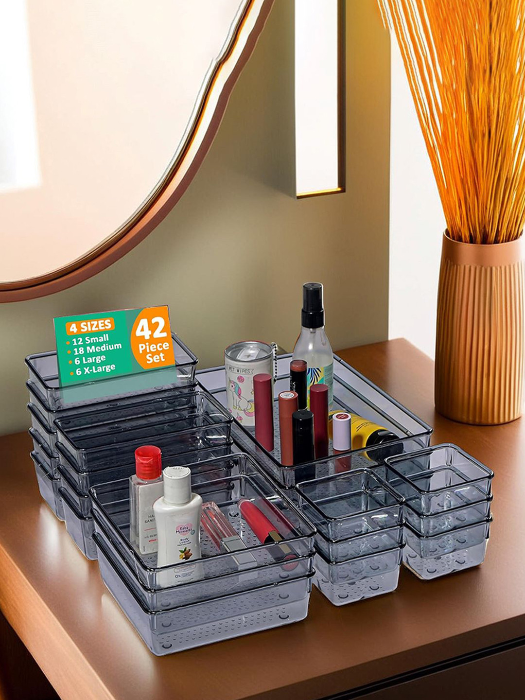 Kuber Industries Black 42 Pcs Transparent Cosmetic Vanity Makeup Drawer Organisers