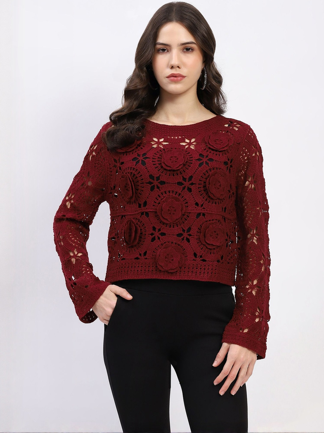 Global Republic Women Boat Neck Crochet Cotton Top