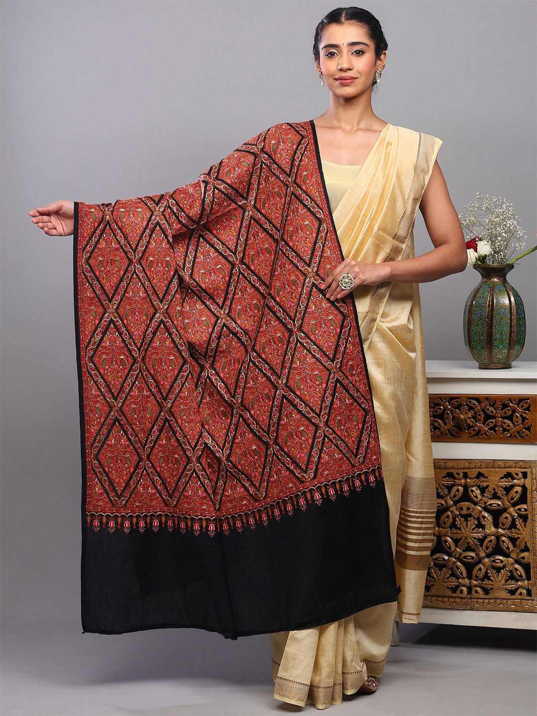 Exotic India Woollen Shawl From Punjab With Thread Embroidered Flowers In Diamond Pattern