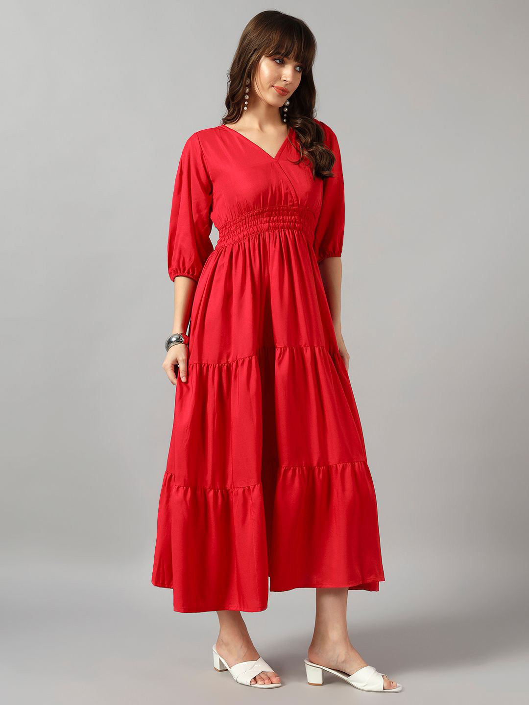 Femvy designer Women V-Neck Puff Sleeves Fit And Flare Midi Dress