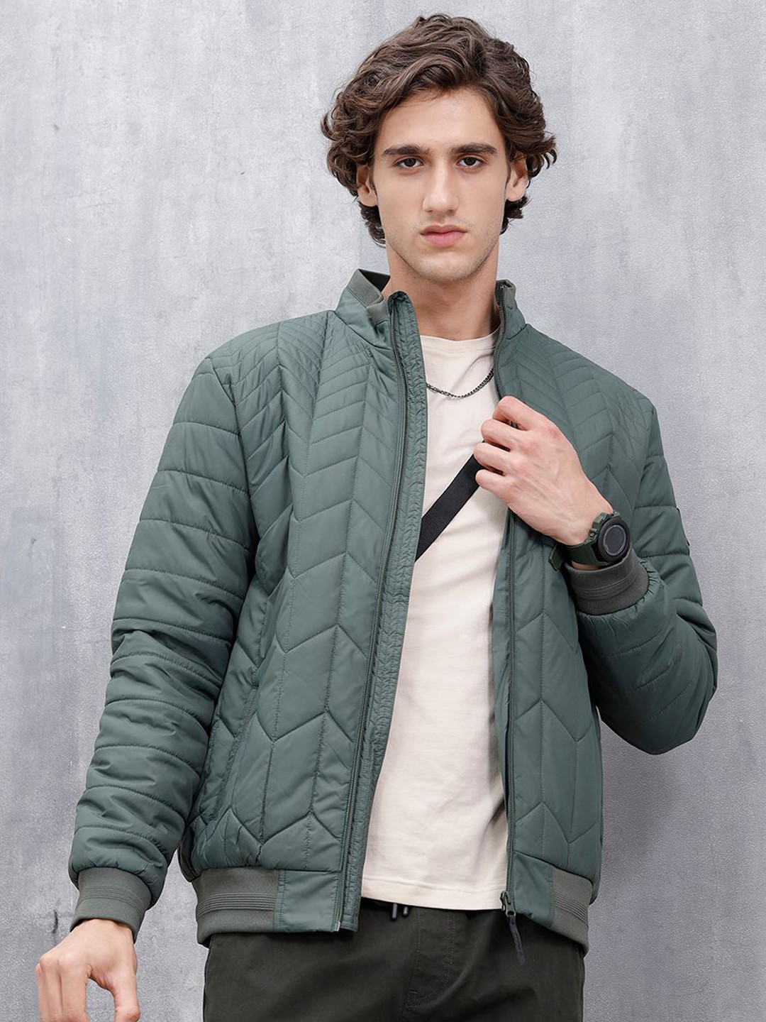 WROGN Men Mock Collar Solid Bomber Jacket