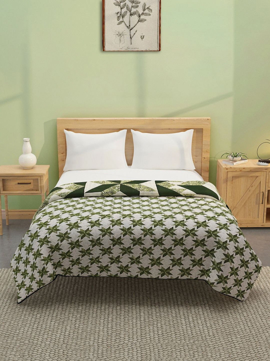 SWAYAM Olive Green & White Floral Printed Cotton AC Room 120 GSM Dohar