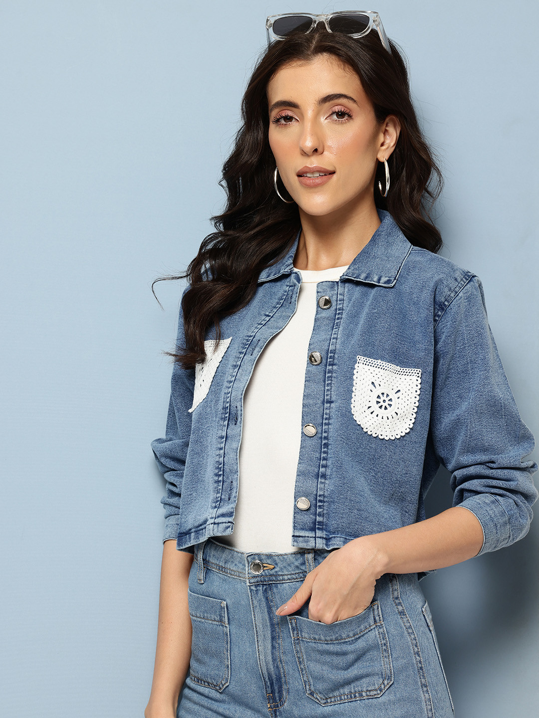 Aarika Crochet Applique Crop Denim Jacket