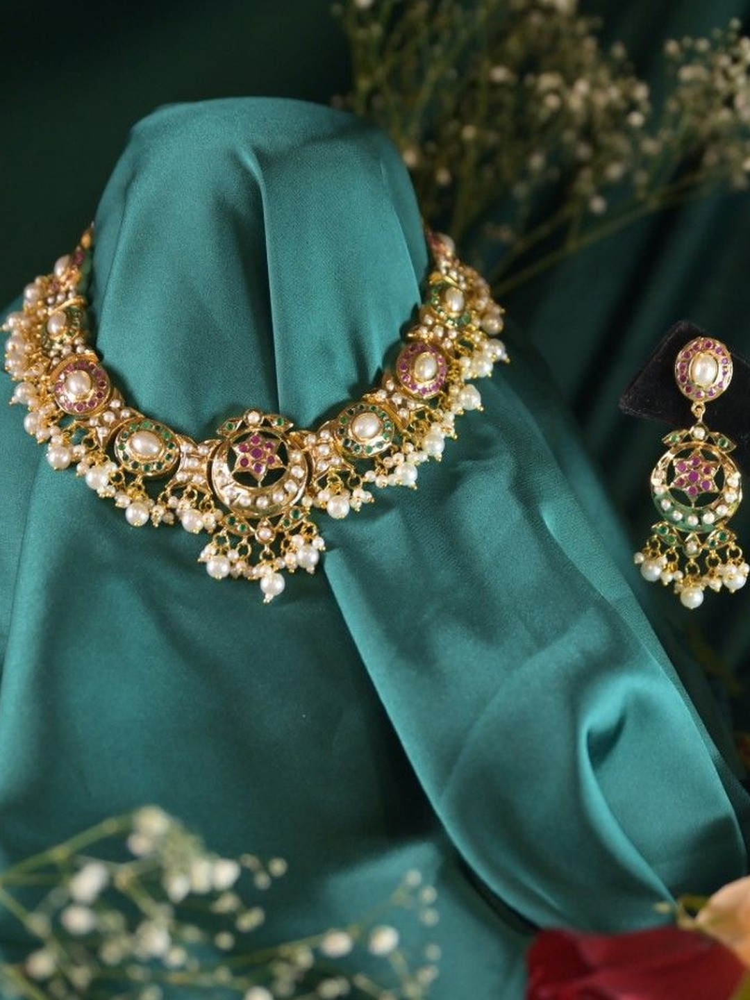 SWAN JEWELS Gold-Plated Pearls Studded & Beaded Choker Meenakari Necklace And Earrings