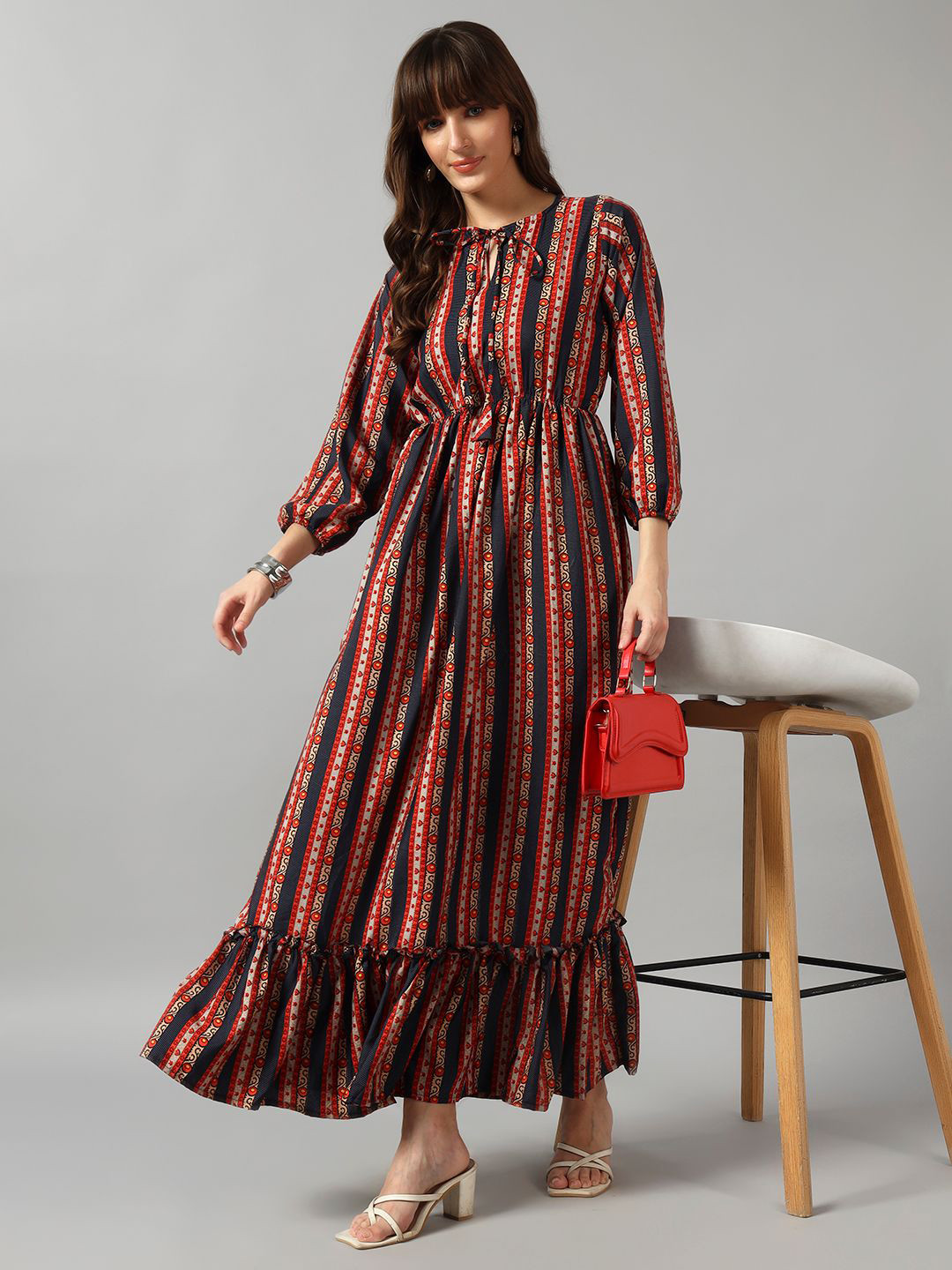 Krunal Raiyani Printed Tie-Up Neck Waist Belt Fit & Flare Maxi Dress