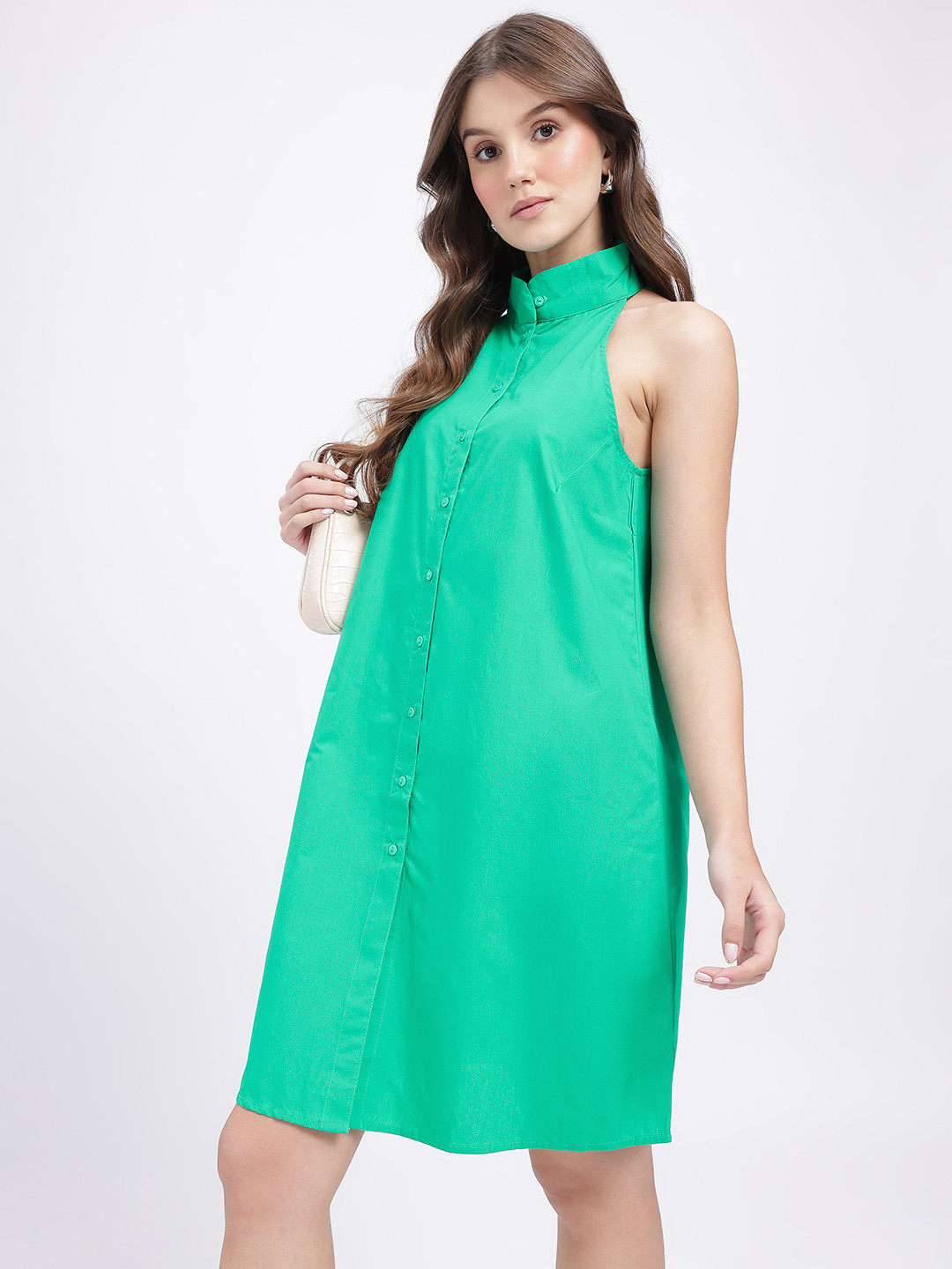DressBerry Halter Neck Pure Cotton Button-Down A-Line Dress