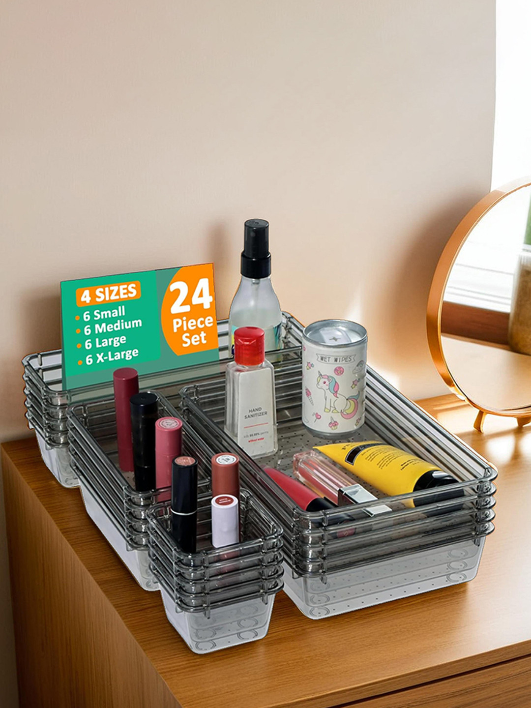 Kuber Industries Black 24 Pcs Transparent Cosmetic Vanity Makeup Drawer Organisers