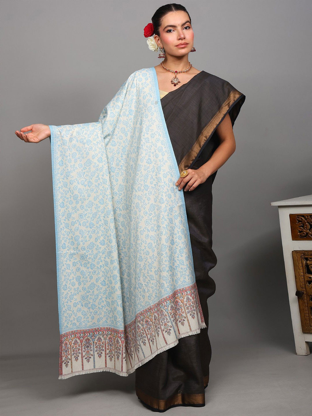 Exotic India Floral Woven Design Woollen Shawl With Woven Floral Leaves Jaal From Punjab