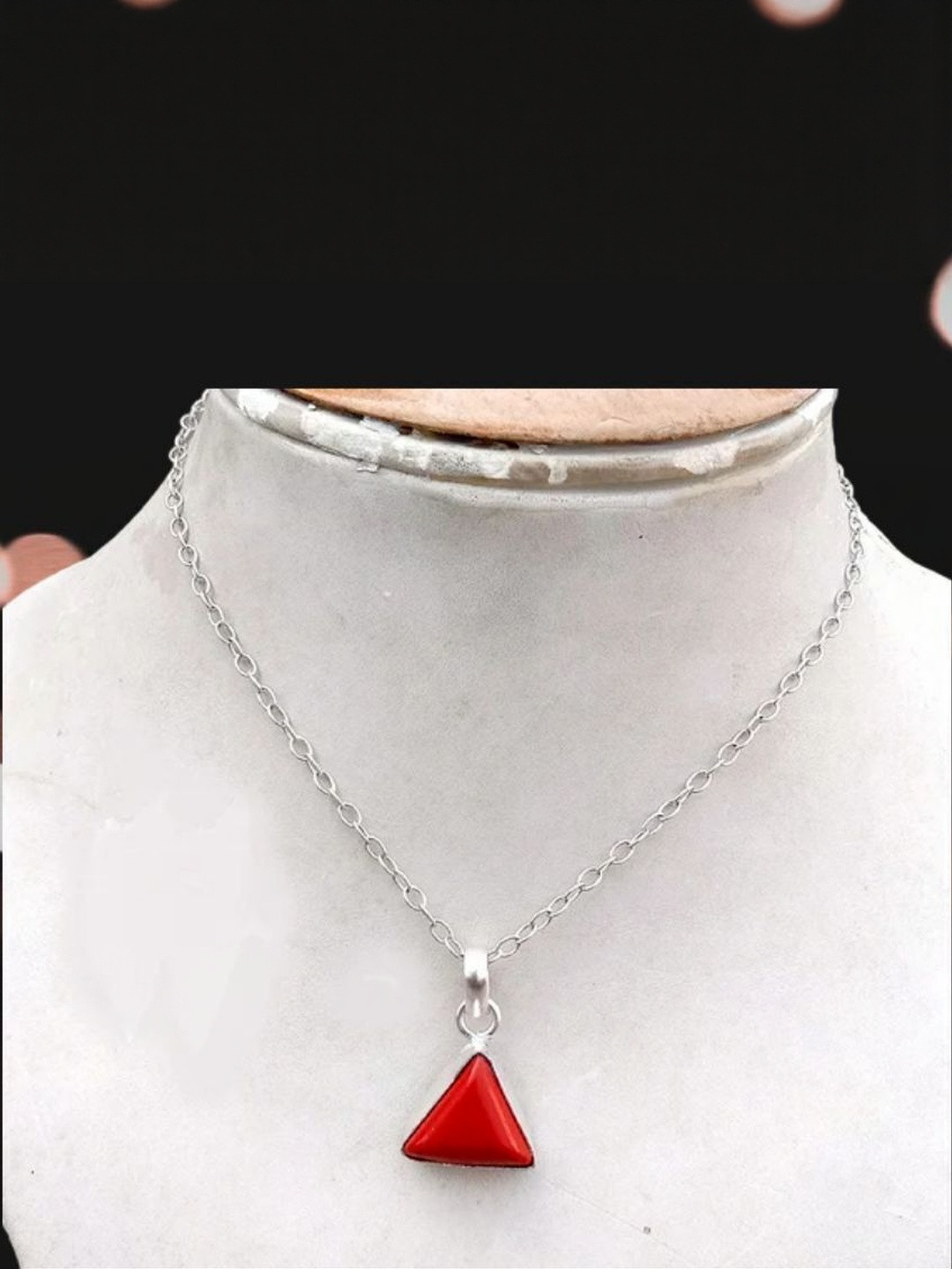 elitemart Silver-Plated Triangular Moonga Coral Stone Studded Pendant