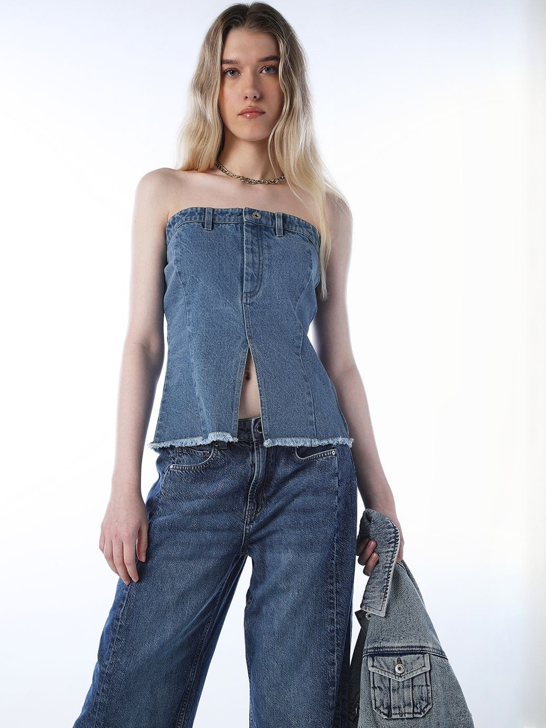 ONLY Women Indigo Strapless Cotton Tube Top