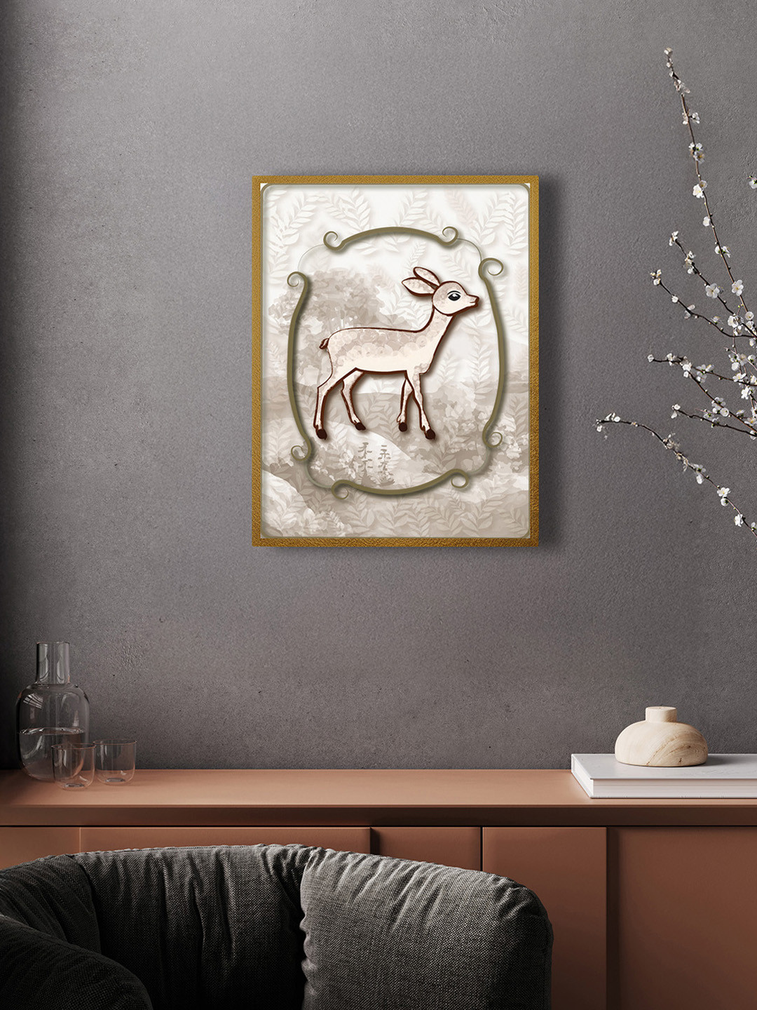 nestroots Beige & Brown Fawn Ferns Canvas Wall Art