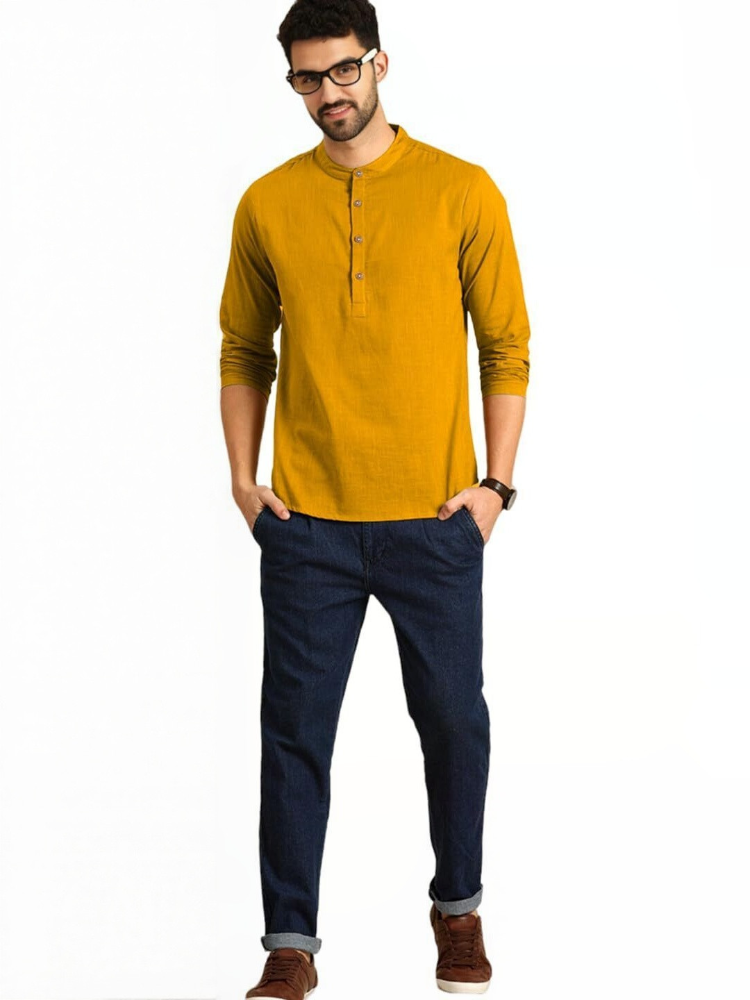 Edin Vimal Star Men Solid Straight Roll Up Sleeve Kurta