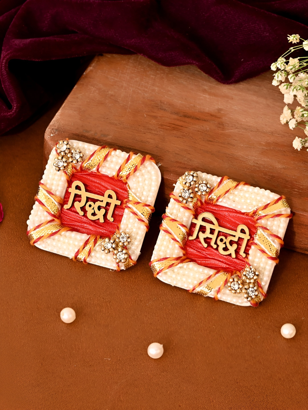 Aapno Rajasthan 2 Pieces Red & Gold-Toned Riddhi Siddh Wall Accents Festive Decor