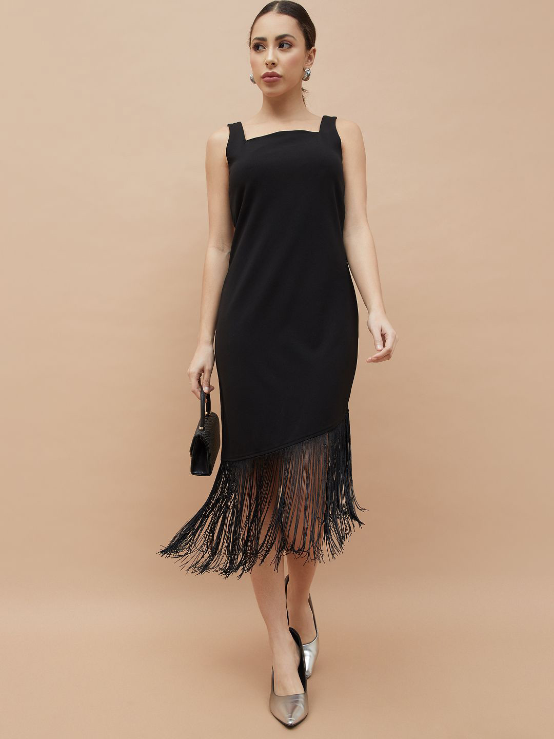 CODE by Lifestyle Women Shoulder Straps Fringed Sheath Midi Dress
