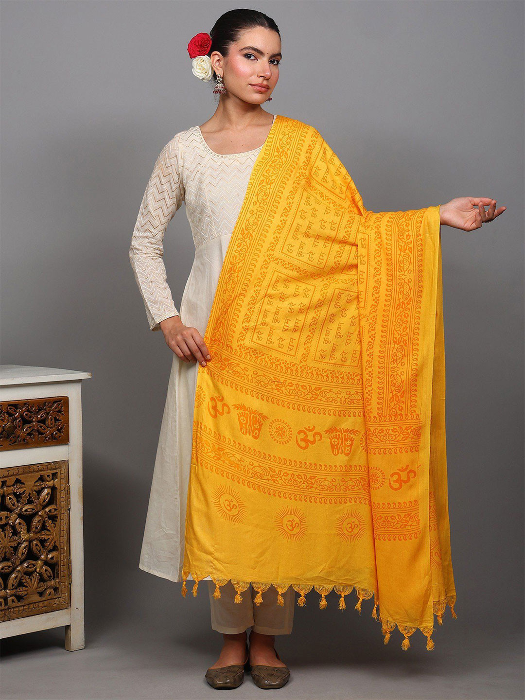 Exotic India Ethnic Motifs Printed Hare Ram Hare Krishna Prayer Shawl From Banaras