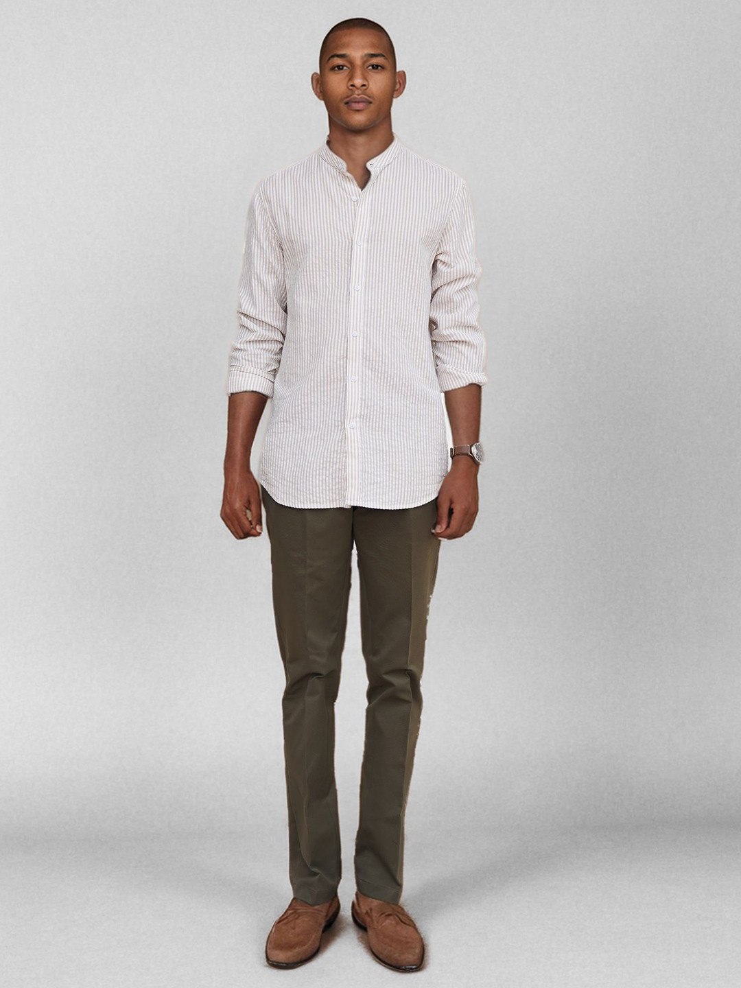 BARE BROWN Slim Fit Pinstripes Striped Mandarin Collar Cotton Casual Shirt