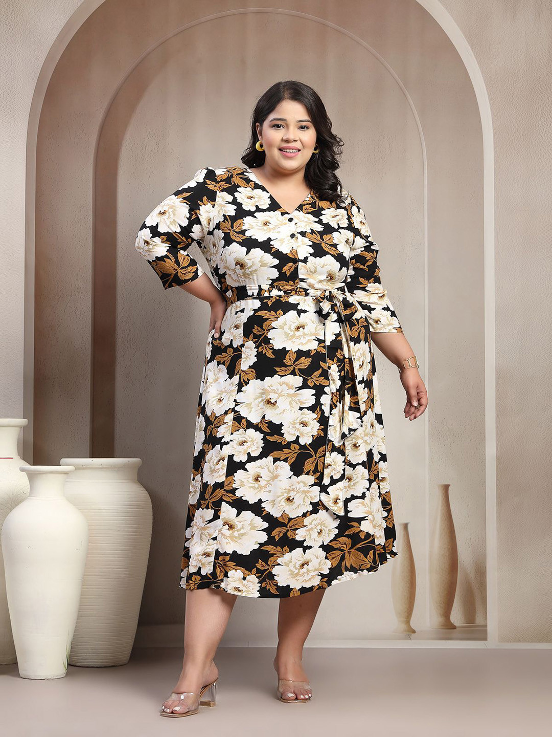 plusS Women Floral Printed V-Neck Fit And Flare Midi Dress
