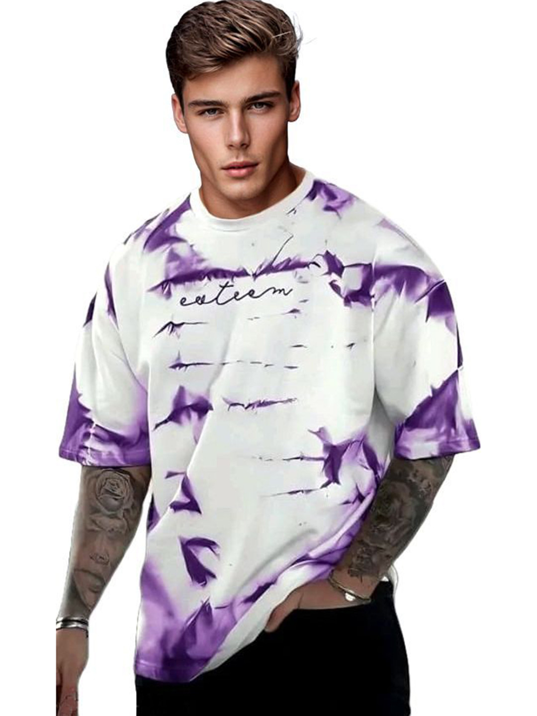 DRVP Men Dyed Round Neck Cotton Oversized T-shirt
