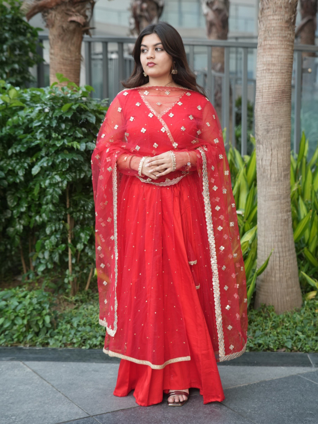 Akaya Embroidered V-Neck Gotta Patti Velvet A-Line Kurta With Palazzos & Dupatta