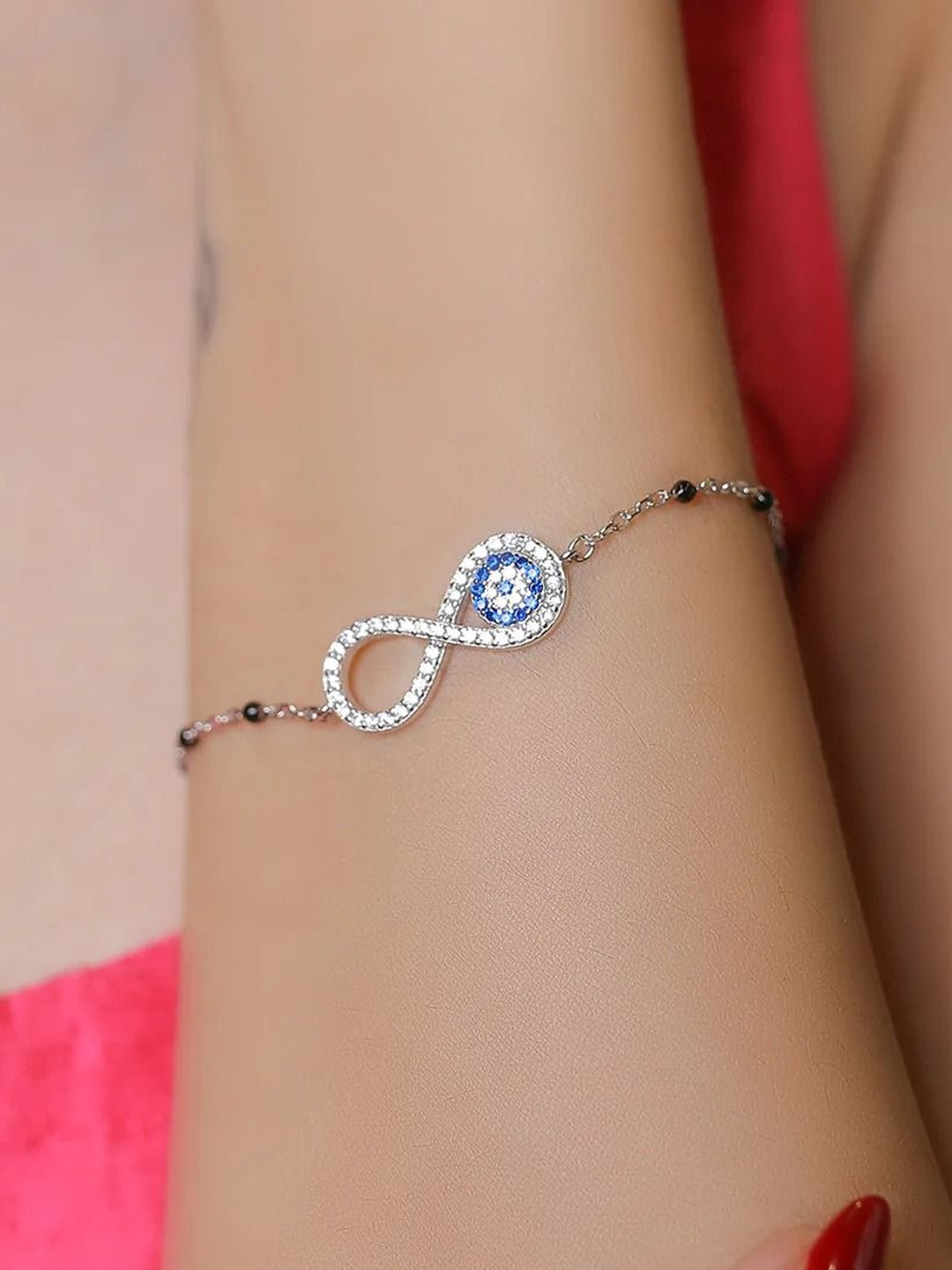 ANJ JEWELS Sterling Silver Silver-Plated AD Studded Infinity Evil Eye Mangalsutra