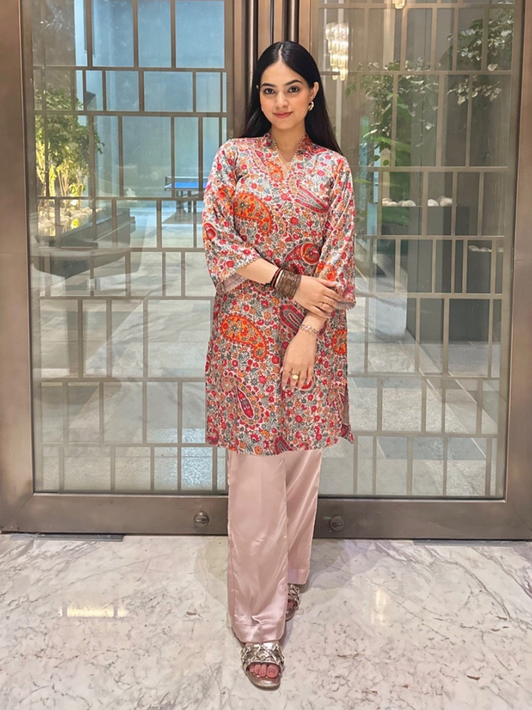Akaya Sunset Paisley Printed V-Neck Tunic With Palazzo