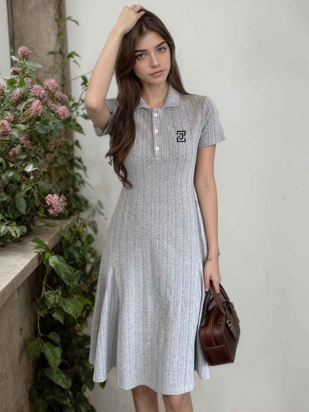 Grey Geometric Printed Knee Length T-shirt Dress