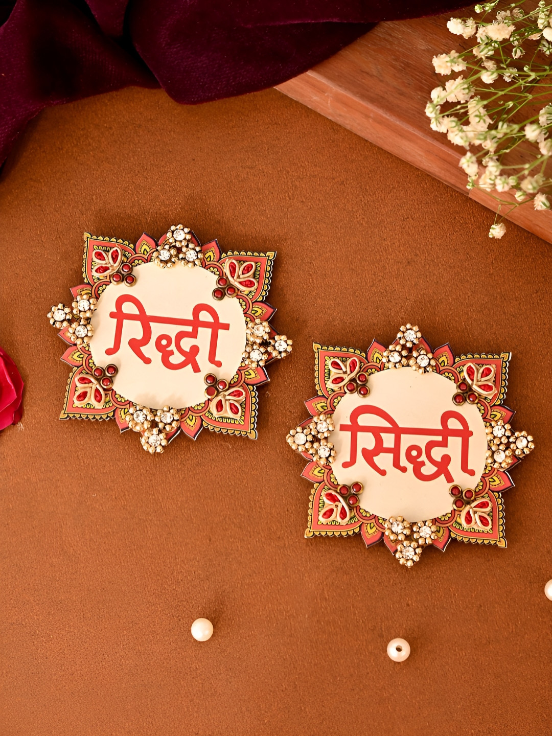 Aapno Rajasthan 2 Pieces Red & White Riddhi Siddhi Wall Accents Festive Decor