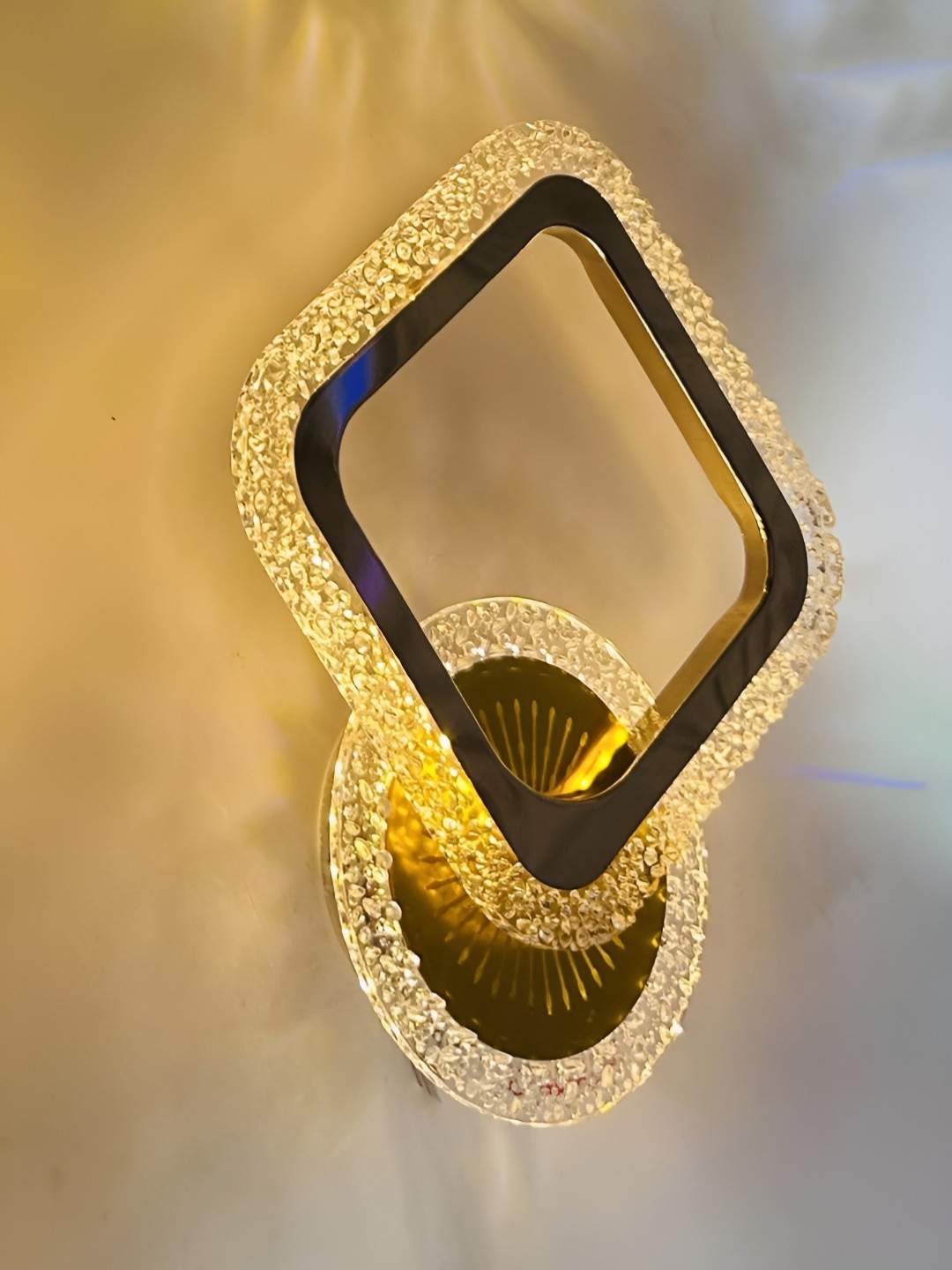 MFD HOME FURNISHING Gold-Toned Luxurious Solid Square Acrylic Crystal Wall Lamp