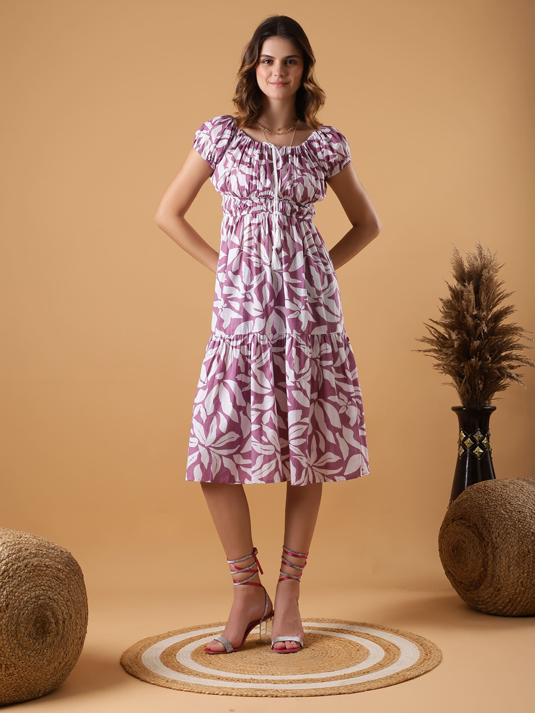 Justin Whyte Women's Printed Smocked Tiered Midi Dress