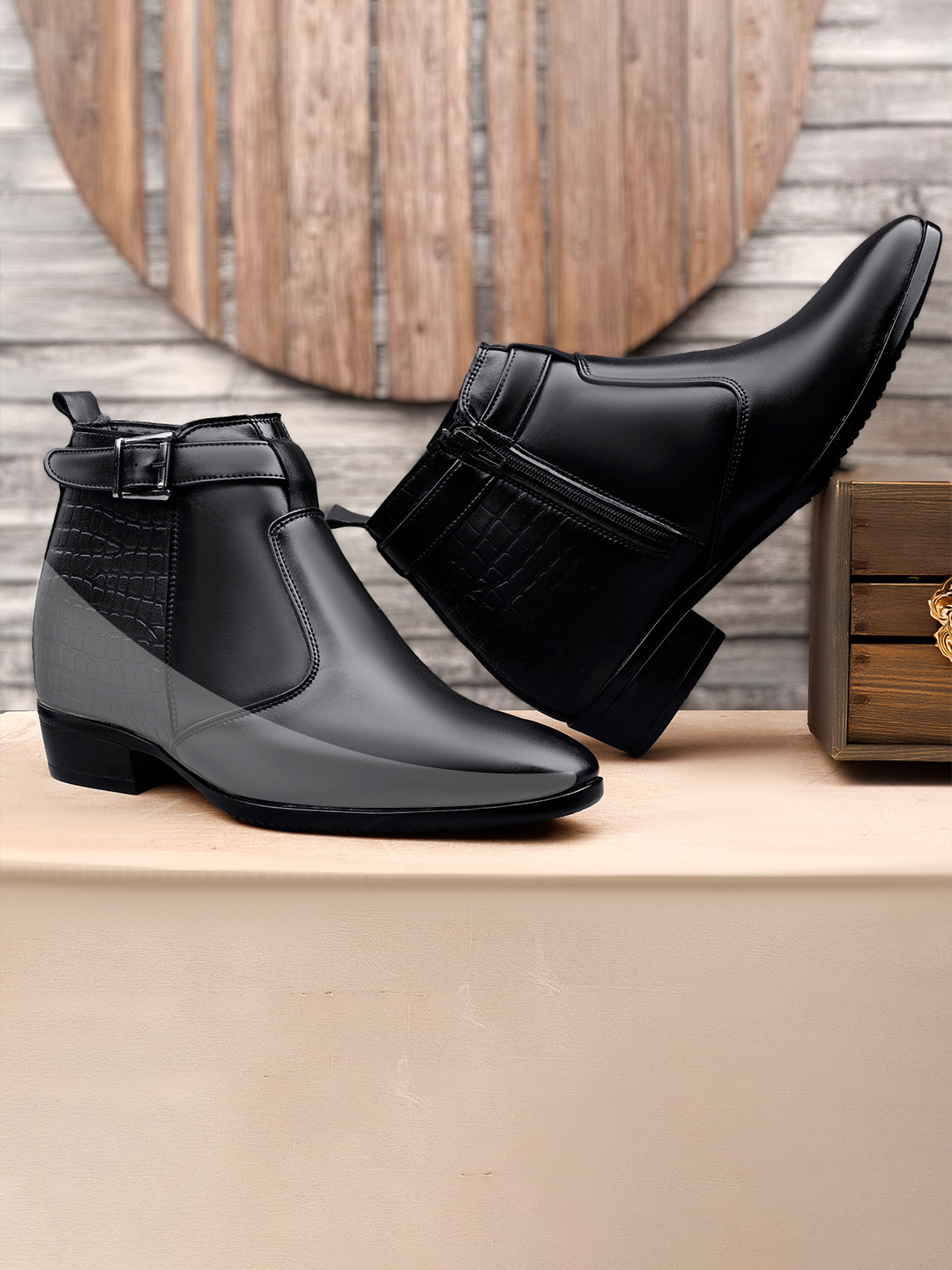 Bxxy Men 9 Cm Hidden Height Increasing Block-Heeled Buckle And Zip Formal Boot