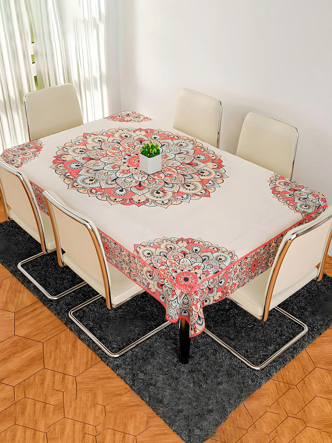 Kuber Industries Red & Cream 6 Seater Table Protector Cover