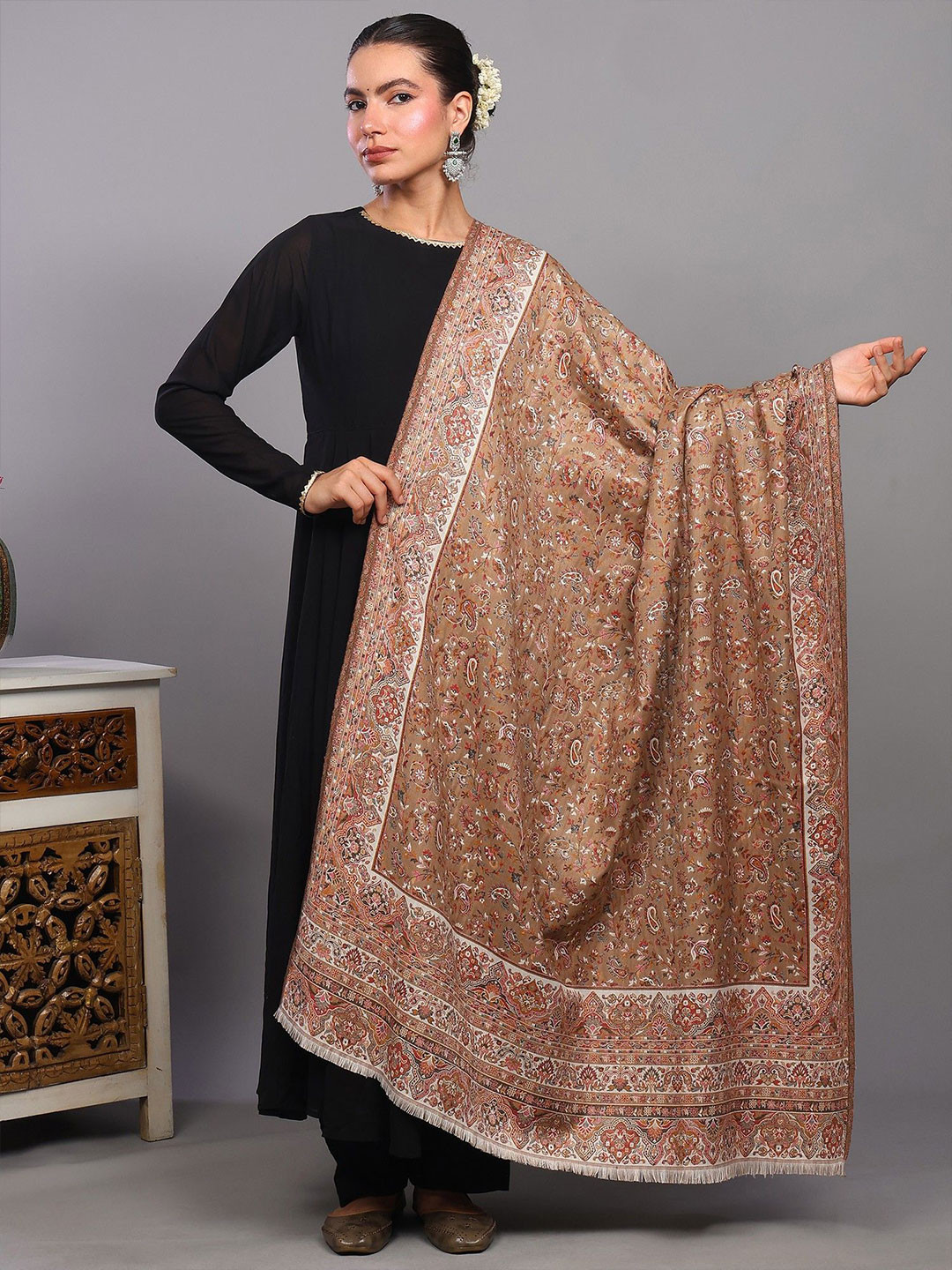 Exotic India Paisley Woven Design Woollen Shawl From Amritsar With Woven Flowers & Paisley