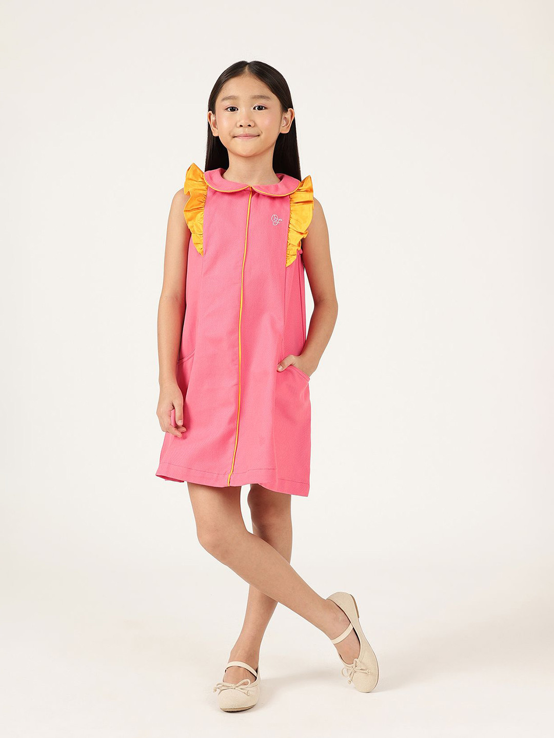 One Friday Pink Girls Peter Pan Collar Solid Sleeveless Cotton A-Line Dress