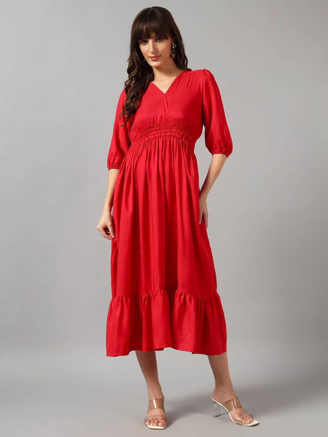 Femvy Women's Solid Puff Sleeve Fit & Flare Midi Dress