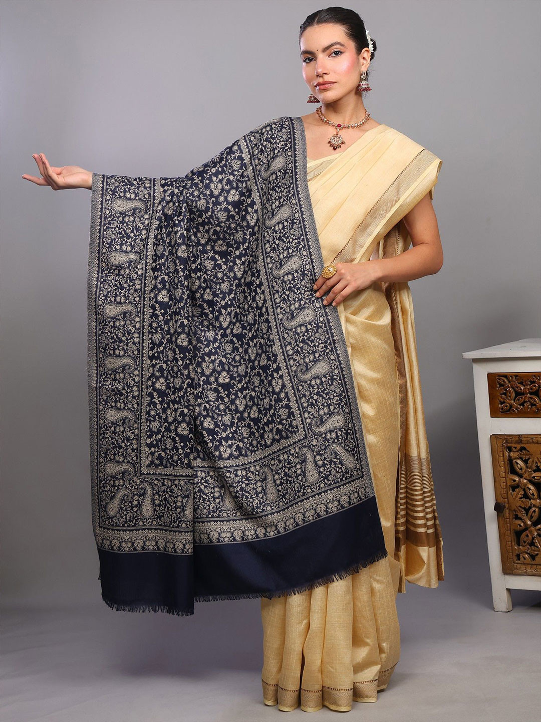 Exotic India Woven Design Woollen Shawl From Amritsar With Woven Paisley & Floral Sprigs