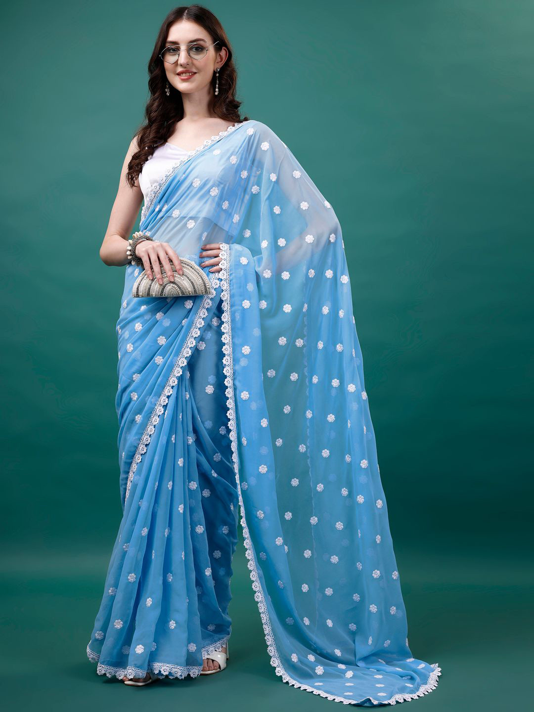 HESVI Floral Embroidered Pure Georgette Saree