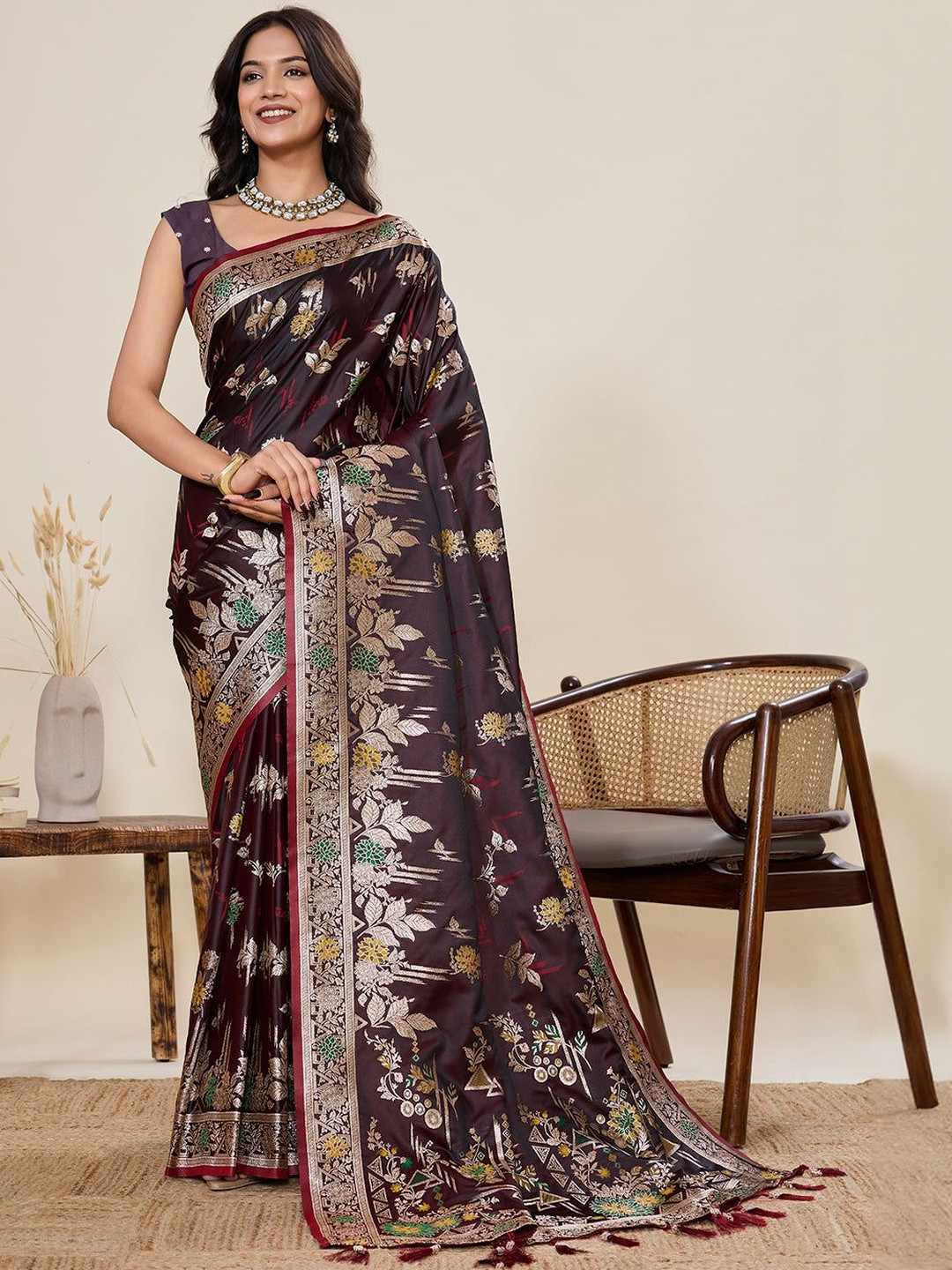 FASHION STROM Floral Woven Design Zari Saree with Unstiched Blouse
