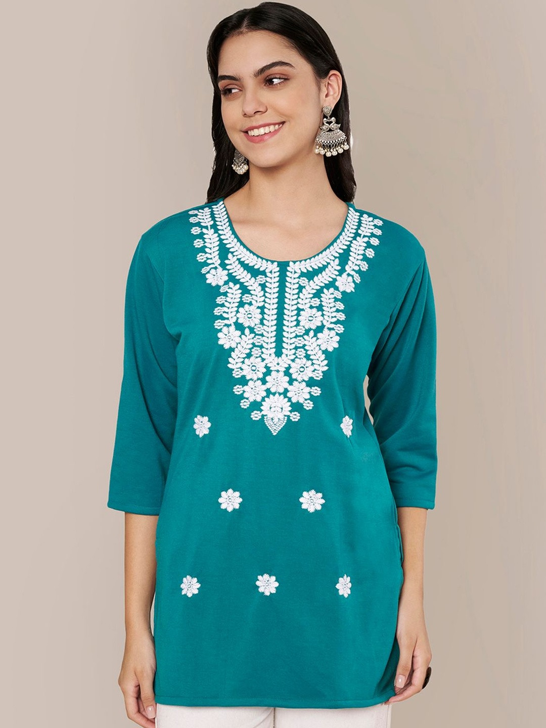 Trend Level Embroidered Woven Design Round Neck Thread Work Wool Straight Kurtas