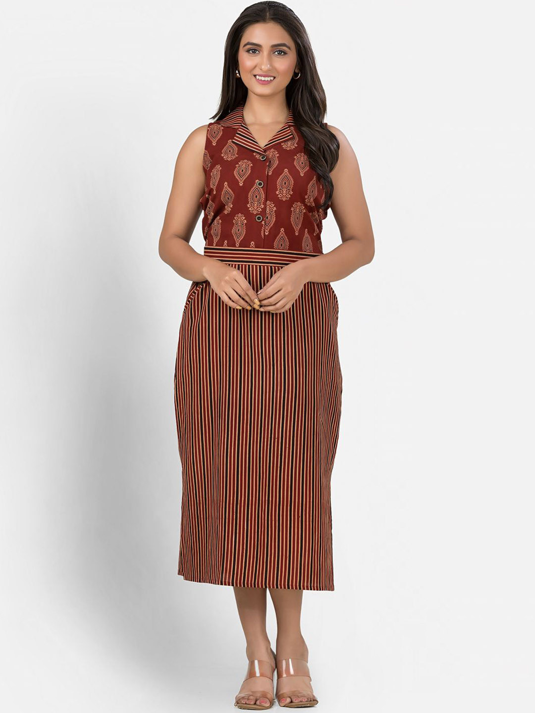 Crazy Needle Maroon Printed Shirt Collar Top with Striped Skirt
