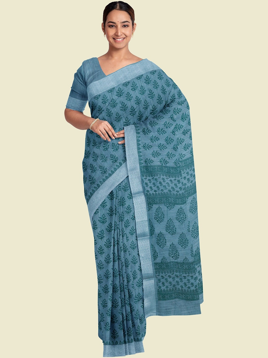 The Chennai Silks Printed Pure Cotton Maheshwari Saree With Unstiched Blouse Piece