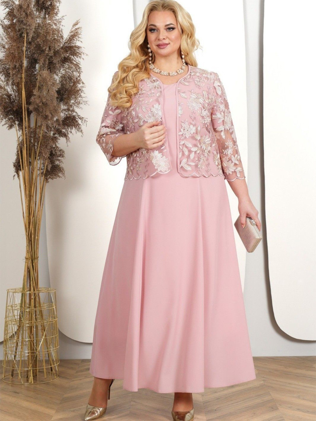 Sztori Pink Poly + Lace Round Neck Embroidered Dress